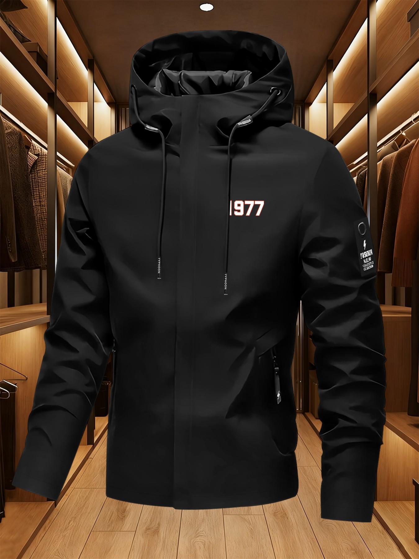 1977 Digital Print Jacket, Retro Number Windbreaker, Simple Casual Hooded Top, Long Sleeve Loose Fit, All Seasons Clothing