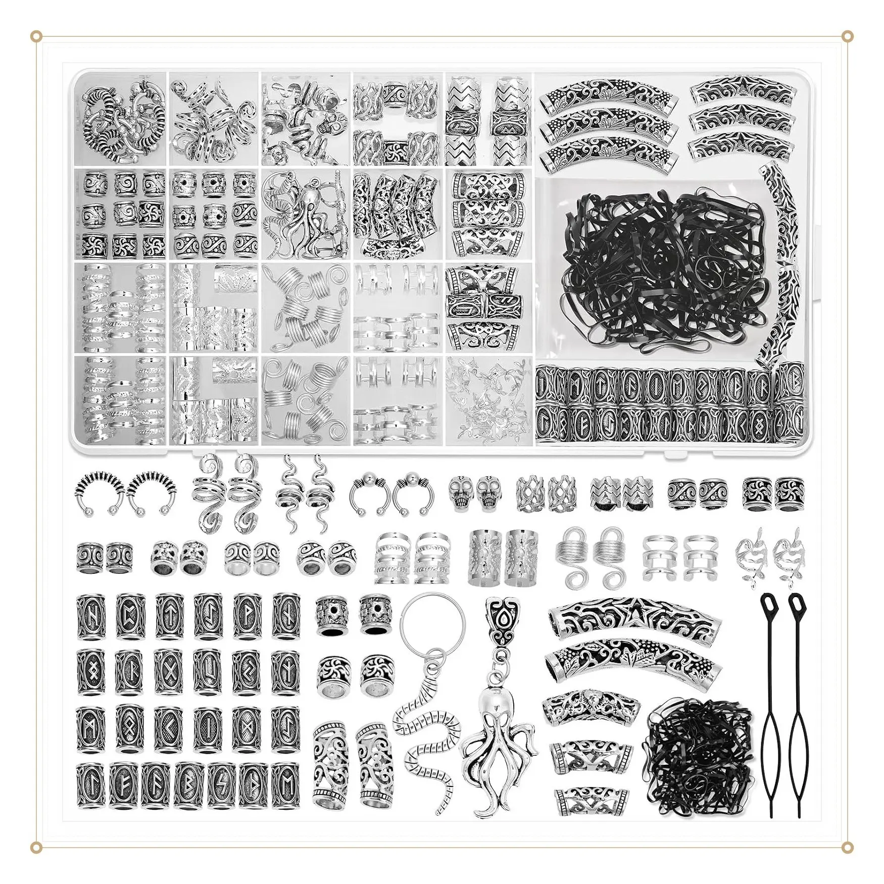 247Pcs Viking Norse Runes Hair Accessories Set - Tube Beads, Metal Cuffs, Clips, Rings, Dreadlock Beads for Braids Locs, Beard Decoration, Bracelets, Necklace DIY Jewelry for Women Men, SilverGift