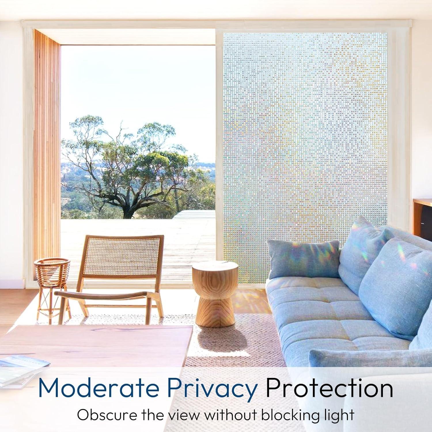 Window Privacy Film Stained Glass, Mosaic Rainbow Decorative Cling, Removable Static Tint, UV Blocking, Non-Adhesive for Home