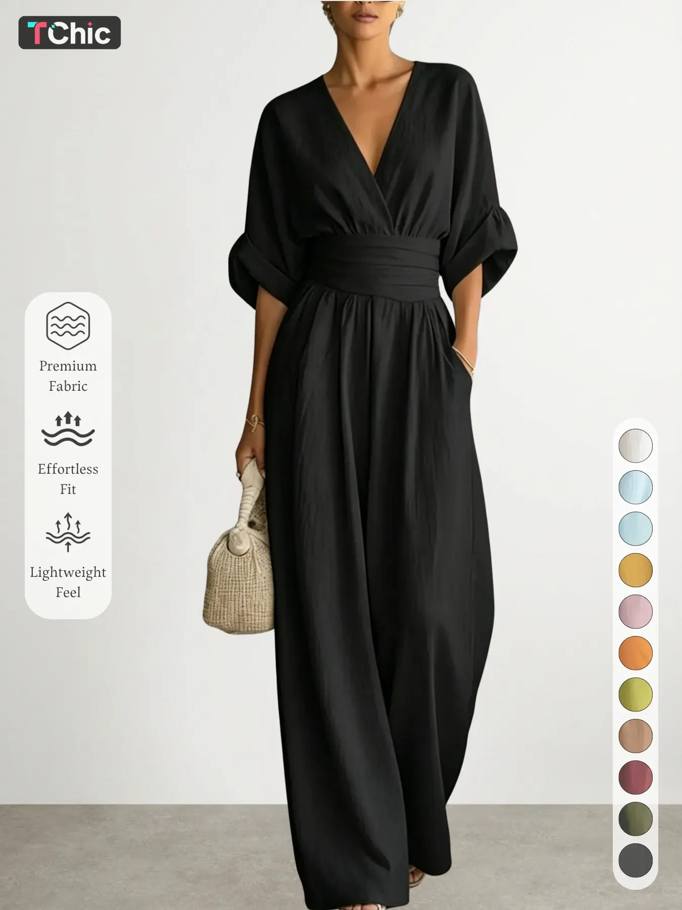 New Fall Winter Women's Solid Deep V Neck Waist Cinch Wide Leg Jumpsuit, Long Sleeve Side Zip Design, Breathable Elegant Fashion