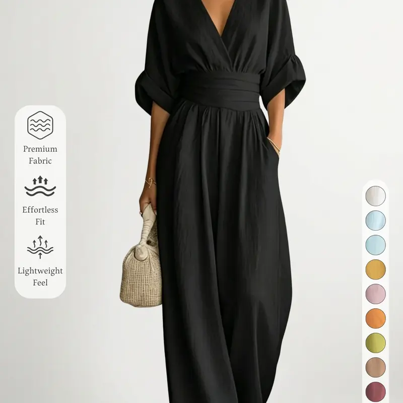 New Fall Winter Women's Solid Deep V Neck Waist Cinch Wide Leg Jumpsuit, Long Sleeve Side Zip Design, Breathable Elegant Fashion, Fit