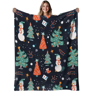1Pc Soft Warm Flannel Blanket - Heavyweight 280GSM All-Season Cozy Throw - Christmas Tree & Snowman Print In Green, Red, Golden, White, Black - Machine Washable Sofa Bedspread For Living Room, Bedroom, Holiday Decor - Contemporary Winter Home Decoration -