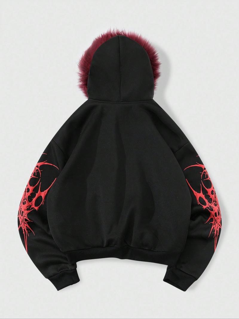 Y2K Cyber Grunge Full Zip Hoodie with Red Furry Hood | Gothic Graphic Oversized Jacket for Vampire Aesthetic | Underground Streetwear for Winter Music Festivals & Night Out