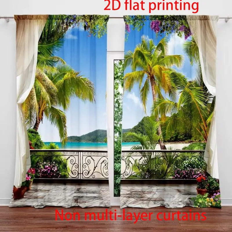 2-piece Fashionable Balcony Landscape Print Curtain Rod Pockets, Semi-transparent Polyester, Suitable for Home Decor in Bedrooms, Offices, Kitchens, Living Rooms, and Study Rooms