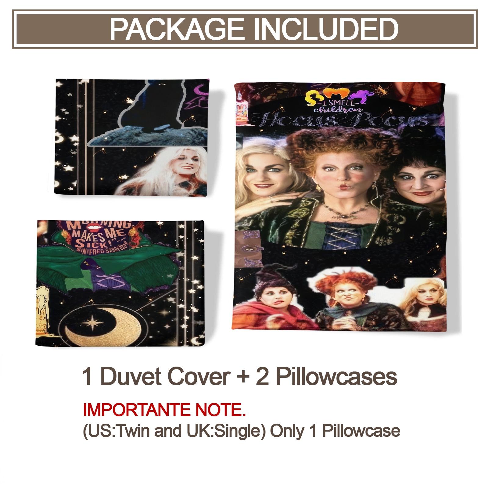 Soft Durable Hocus Pocus Bedding Set, Includes 1 Fitted Sheet and 1 or 2 Pillowcases, No Cotton Inner Core, Ideal for Daily Use, Holidays, Birthdays