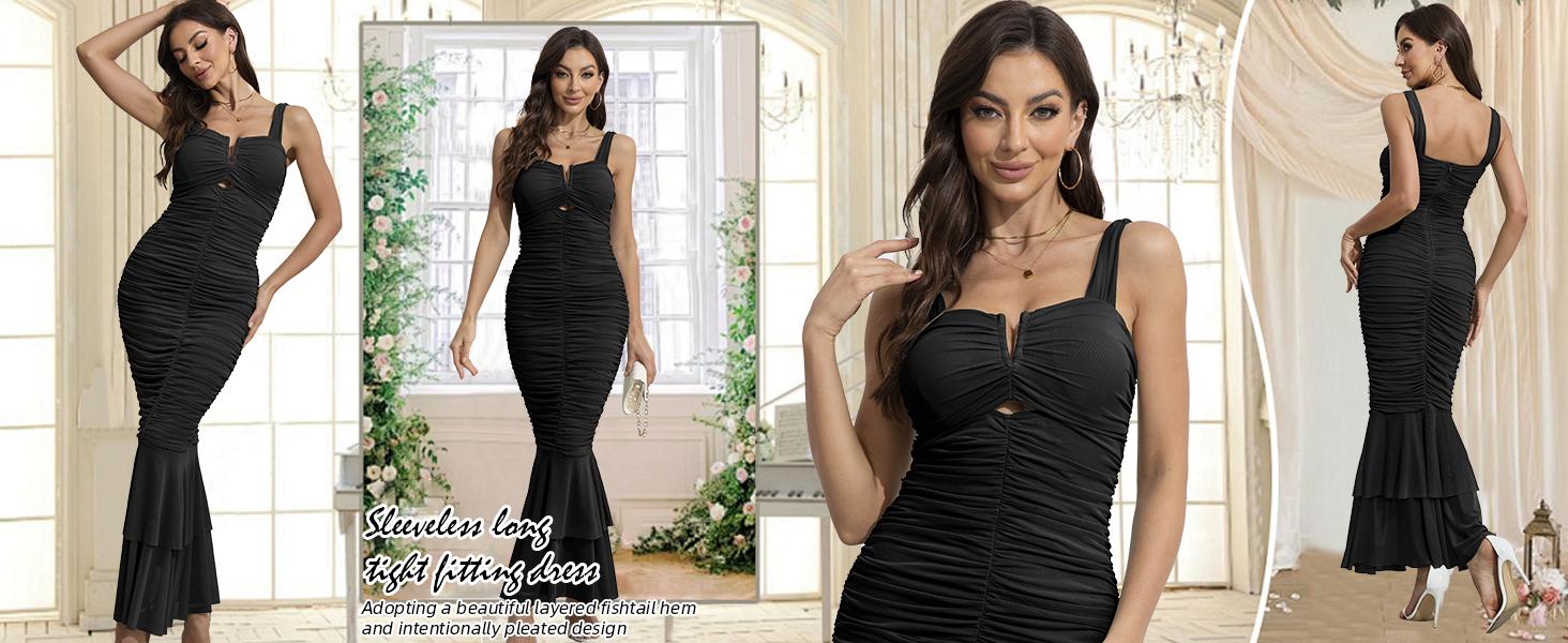 Women's Summer Elegant Sexy Dress Sleeveless Lace-Up Mermaid Dress Slim Extra Long Evening Dress Chic wedding guest dresses