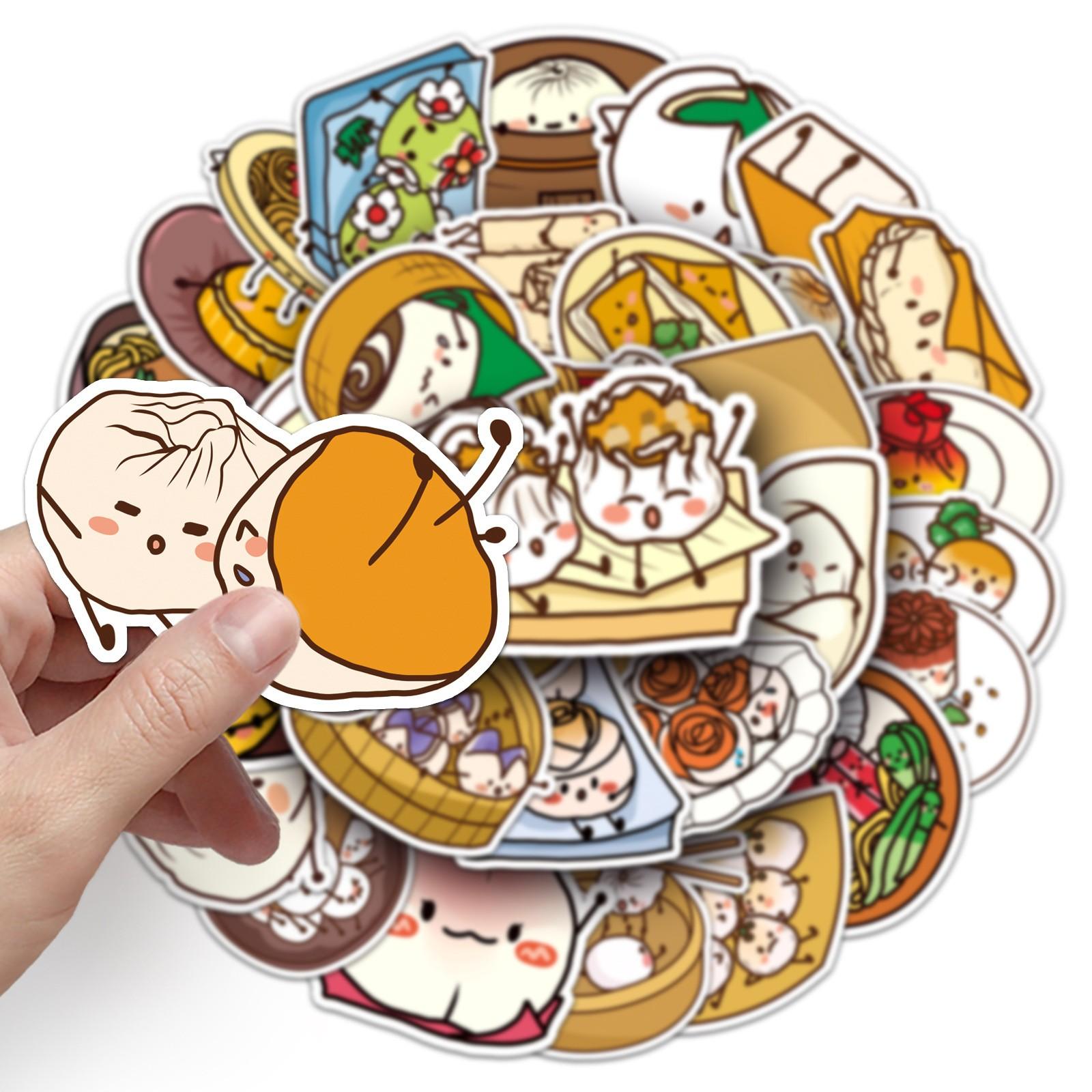 50 Pcs Food Stickers Set, Waterproof PVC Chinese Breakfast Stickers, Cute Cartoon Dumplings Baozi, for Phone, Mug, Notebook, DIY Gift Decor, Phone Decoration, Illustration Stickers