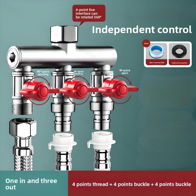 No need to disassemble the original faucet. Washing machine faucet splitter, one inlet three outlets with switch, 6-point quick-install buckle water diverter valve