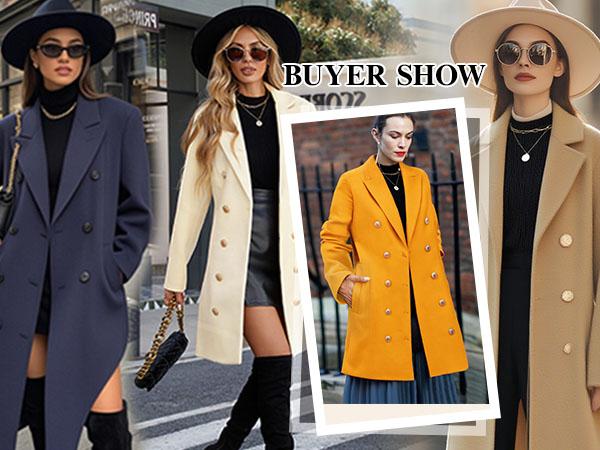 VXYGER Women's Winter Double Breasted Pea Coat Notched Lapel Midi Trench Coat Trendy Elegant Work & Casual Jacket in Camel Off-White Black Navy Yellow Sizes S-XXL Classic Design Warm Comfortable Fabric