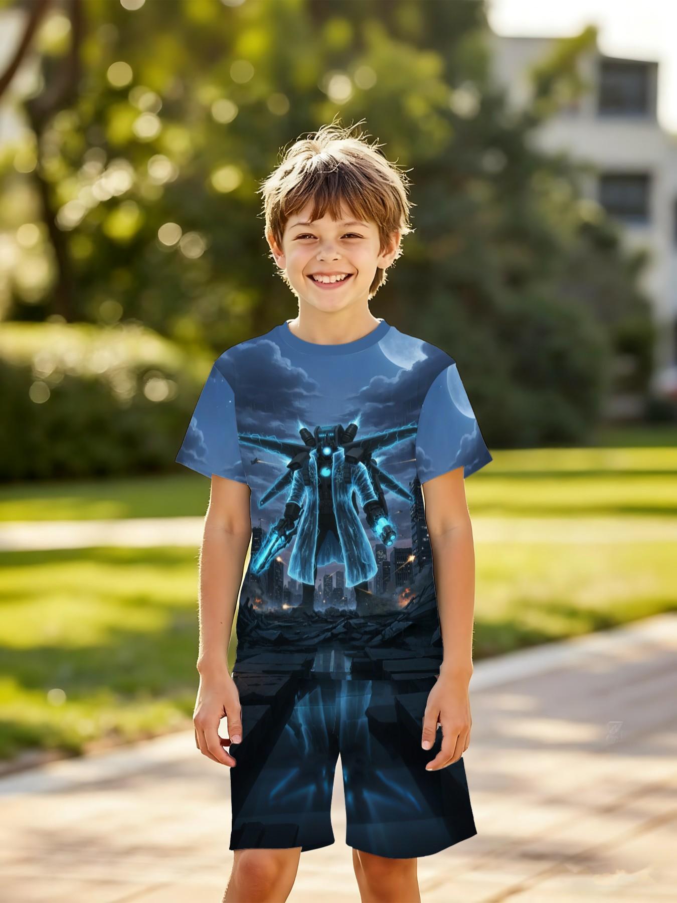 Boys' 3D Short Sleeve Set, Futuristic Skibidi Toilet Print, Perfect for Outdoor Activities, Ideal Gift for Holidays and Birthdays