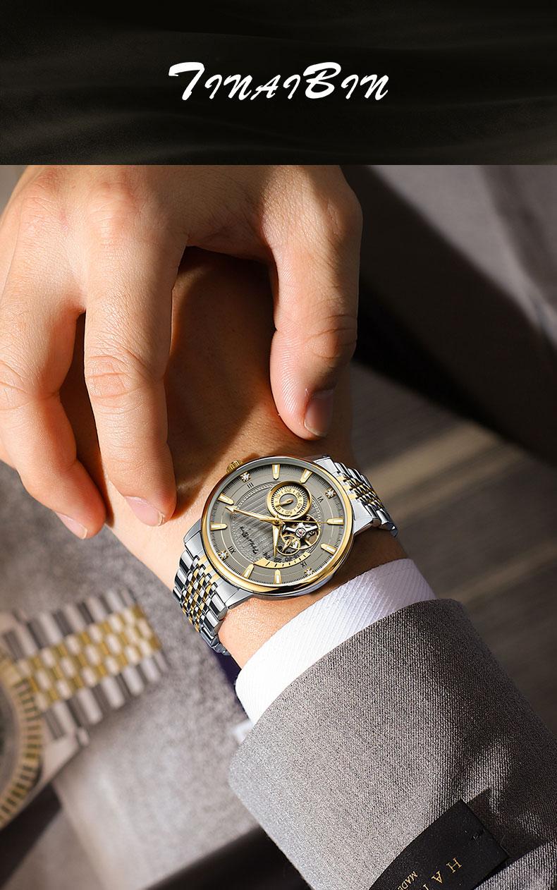TINAIBIN Men's Diamond Business Formal Pointer Automatic Mechanical Watch Stainless Steel Waterproof Luminous Two-color Luxury Casual Watch