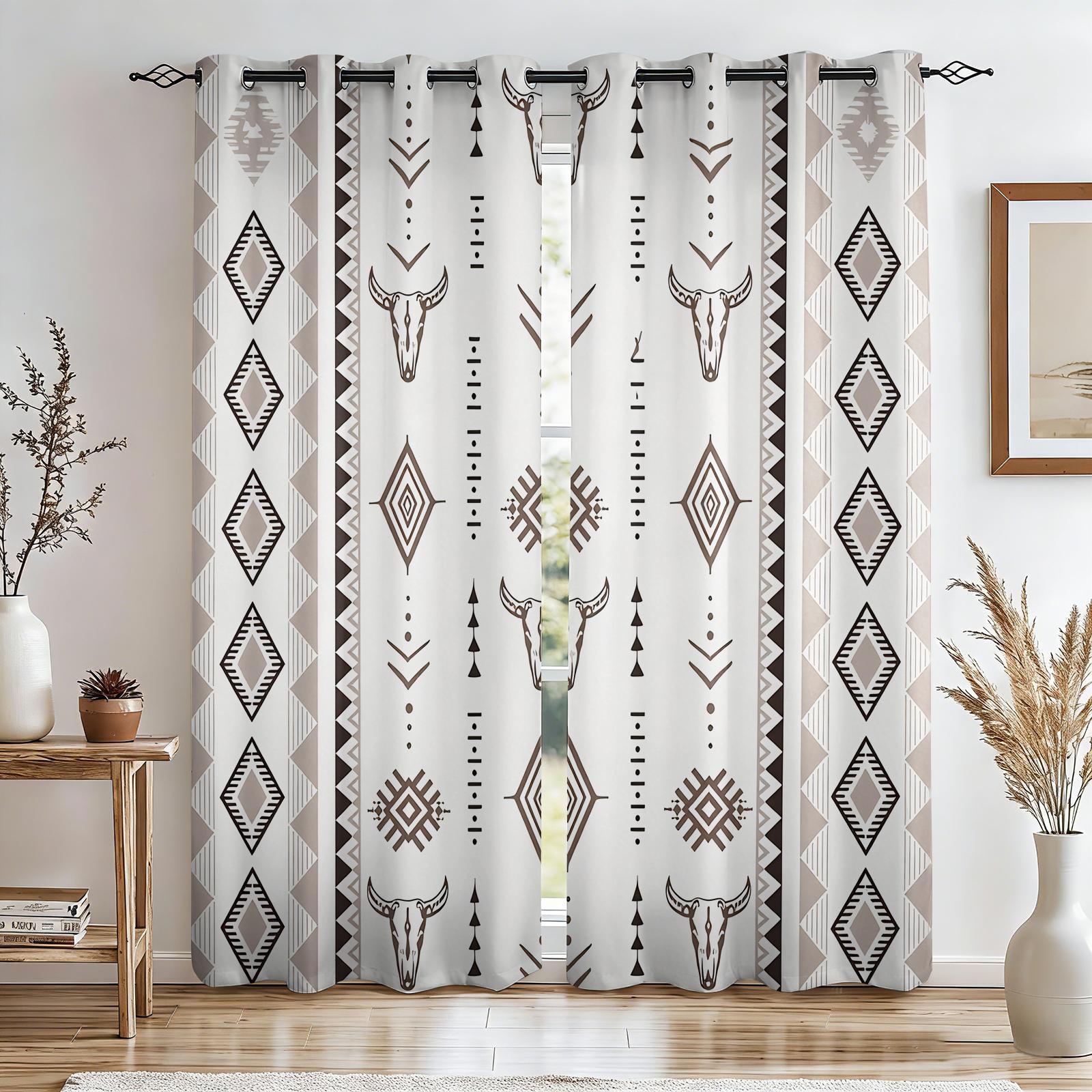 2 Panels Tribal Bull Skull Aztec Blackout Curtains Sun Blocking Noise Reducing Window Treatments with Black White Southwestern Pattern for Bedroom Living Room Office Dorm Rustic Western Boho Room Decor
