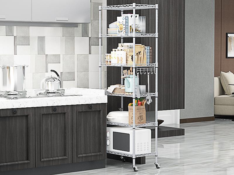 6-Tier Standing Storage Shelf with Wheels, Height Adjustable, Heavy Duty Shelving Unit with Hook for Bathroom Kitchen Garage Bedroom Trolley Rack Vanity Organizer