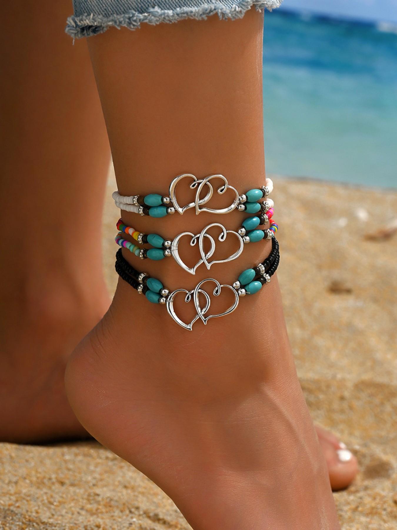 3Pcs Set Fashion Women Bohemia Beaded Heart Charms Multi-layer Anklet, Exquisite Boho Chic Double-Layer Beaded Heart Anklet, Perfect for Summer Vacation, Beach Wedding, Party Jewelry Gift