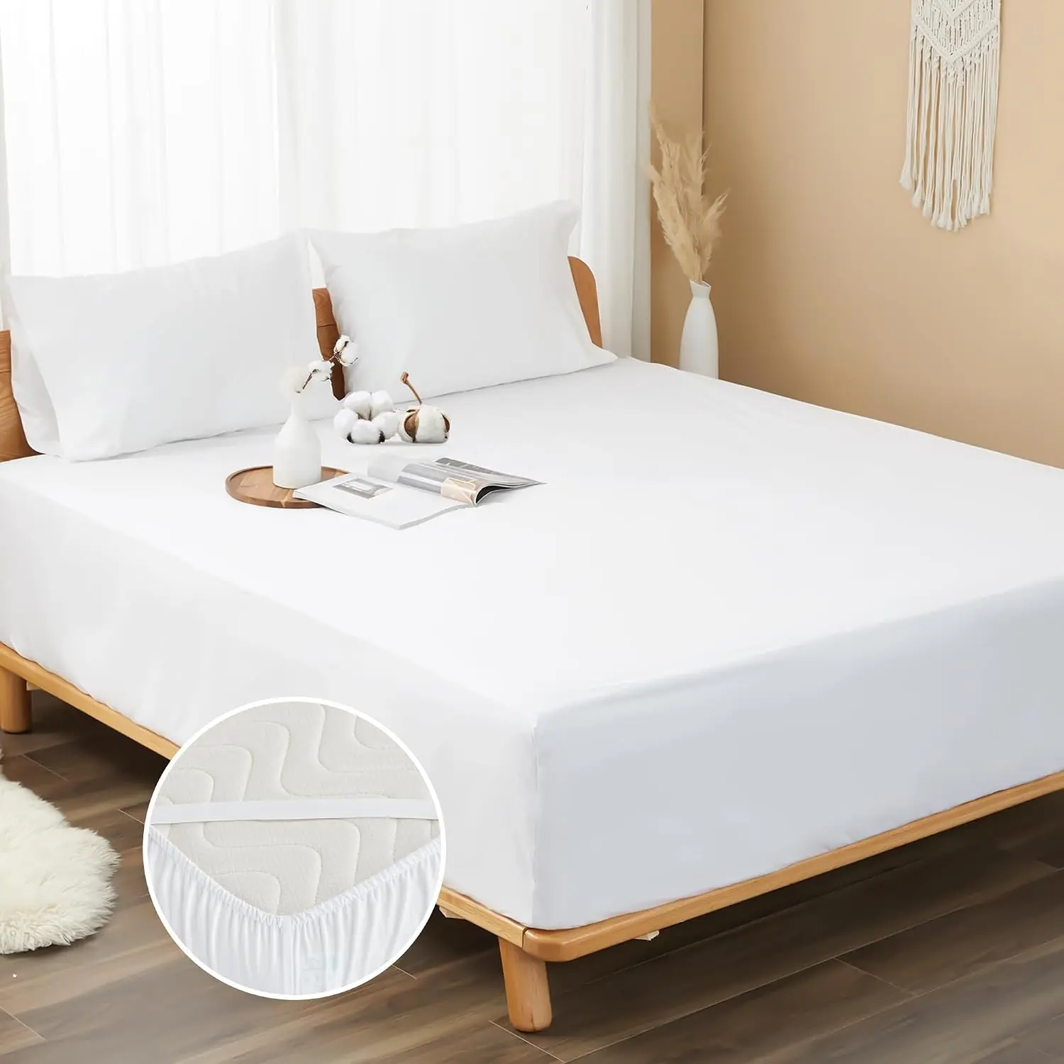 100% Cotton Percale Fitted Sheet Twin XL Size 15" Deep Pocket, White | Cooling Bottom Sheet, Breathable Soft & Crisp Fitted Sheet Only with 4 Corner Straps