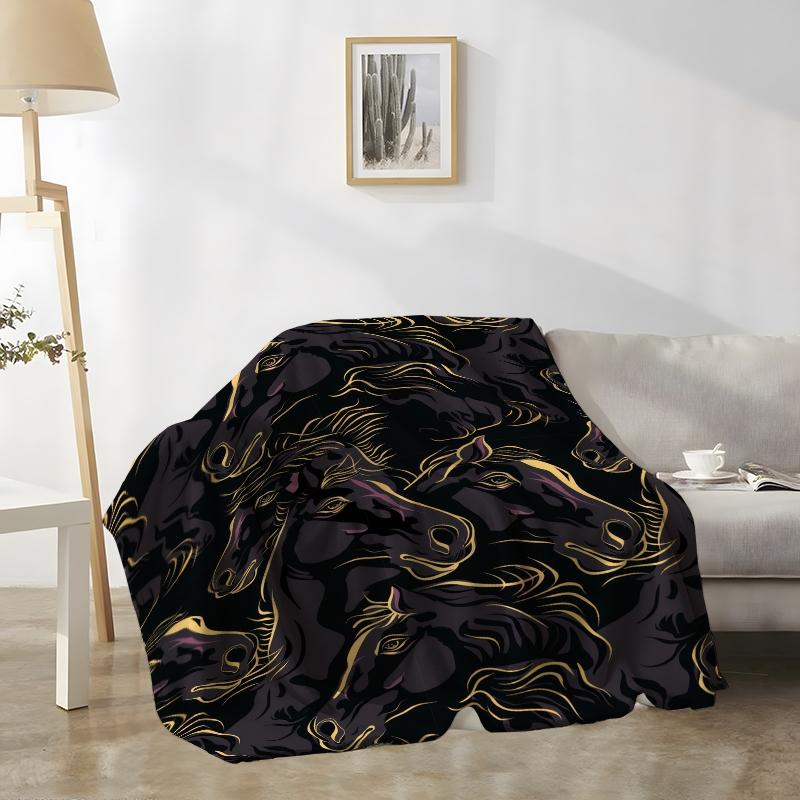 1Pc Design Black gold horse head picture Graphic Digitally Printed Flannel Blanket - 100 Polyester Flannel Digitally Printed Nonwoven Lightweight and comfortable in all seasons