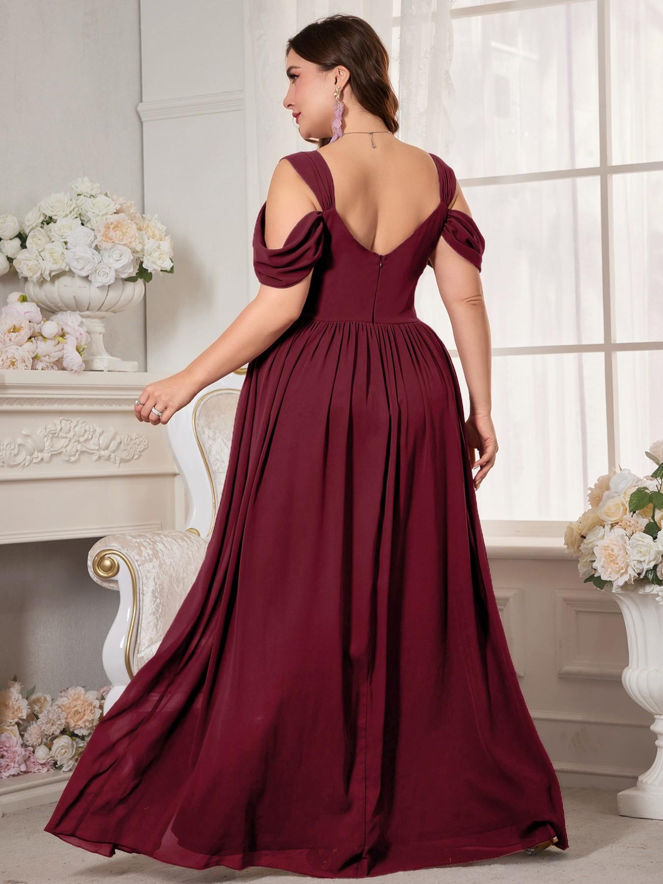 Plus Size Women's V-Neck Backless Waist Cinch Pleated High Split Skirt Maxi Dress, Elegant Chic Lightweight Chiffon Bridesmaid Party Formal Evening Gown, Pleated Dresses