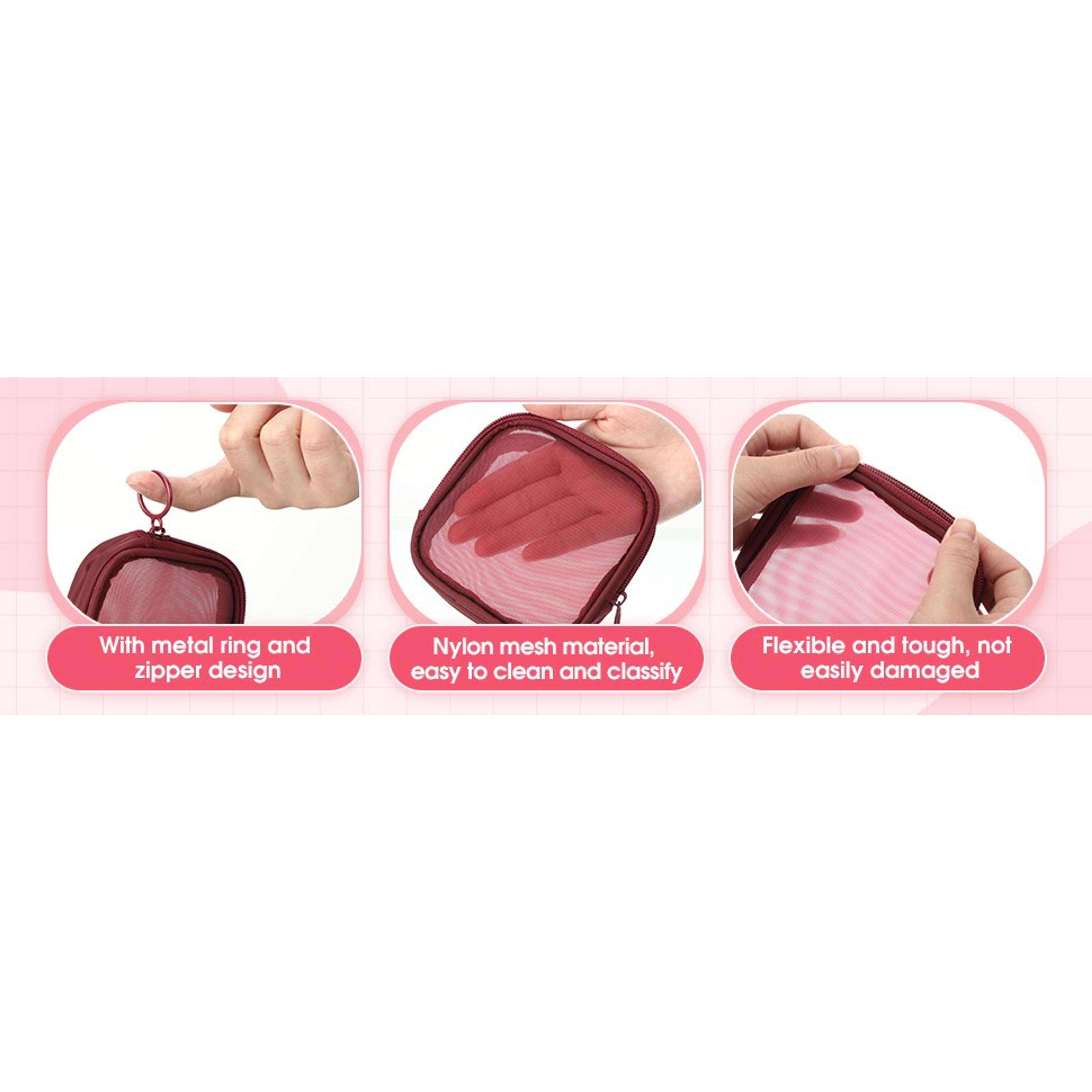 4-Piece Mesh Pouch Set Large, Medium & Small, Wine Red Zipper Bags | Mini Makeup Organizer for Purse, Travel Toiletry Storage Bags, Cosmetic Accessories Holder, Portable Daily Essentials PouchGift