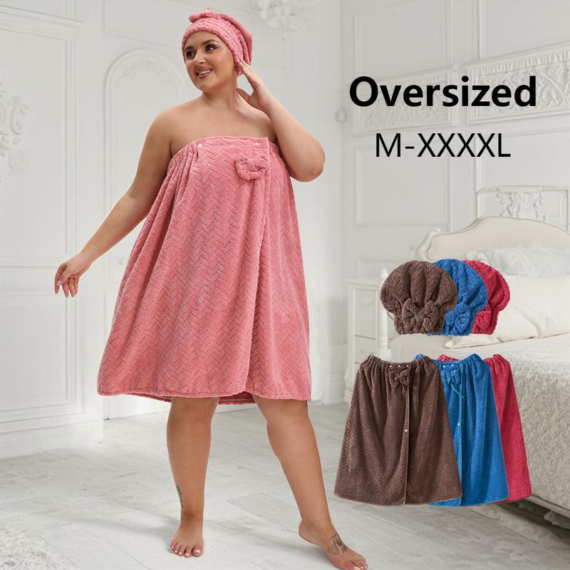 Plus Size Solid Color, 2 Counts/set (1 Large Bath Skirt + 1 Hair-Drying Cap), Adjustable Bathrobe with Pocket, Soft Water-Absorbent Bath Set, Premium Bath Towels for Bathroom, Hotel and Travel