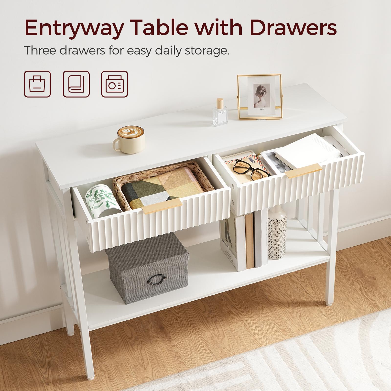 MAHANCRIS Narrow Long Console Table with Storage Shelf, 2-Tier Fluted Entryway Table with 2 Drawers, for Entryway, Living Room, Foyer, Hallway, Office, White