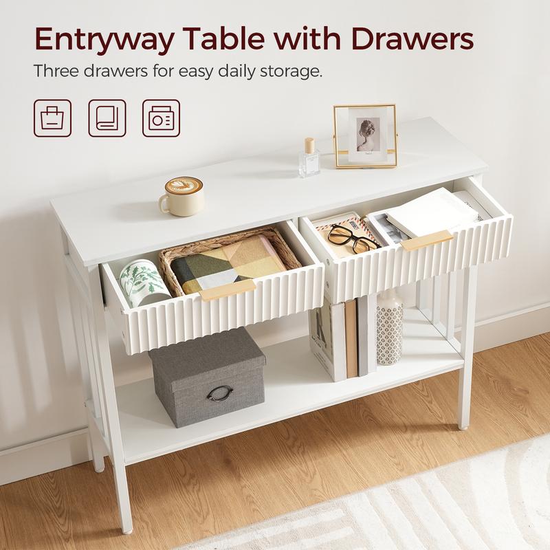 MAHANCRIS Narrow Long Console Table with Storage Shelf, 2-Tier Fluted Entryway Table with 2 Drawers, for Entryway, Living Room, Foyer, Hallway, Office, White