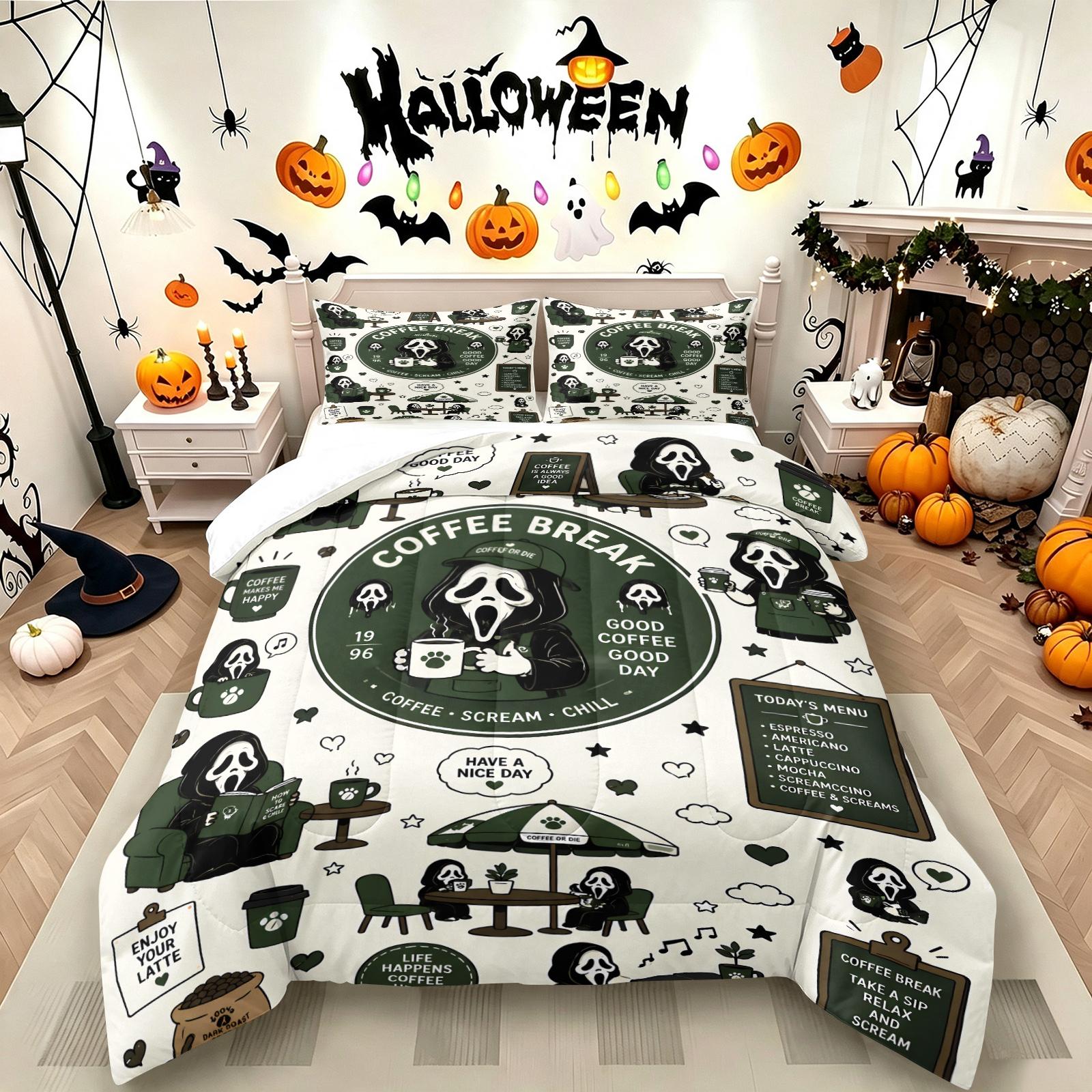 Color-Block Plaid Chibi Hugging a Teddy Bear, Pulling a Suitcase and Playing Phone Ghostface Print Comforter Set & 1-2 Pillowcases, Comfortable Easy Care Bedding, Halloween or Movie Fans Bedroom Dorm Decor