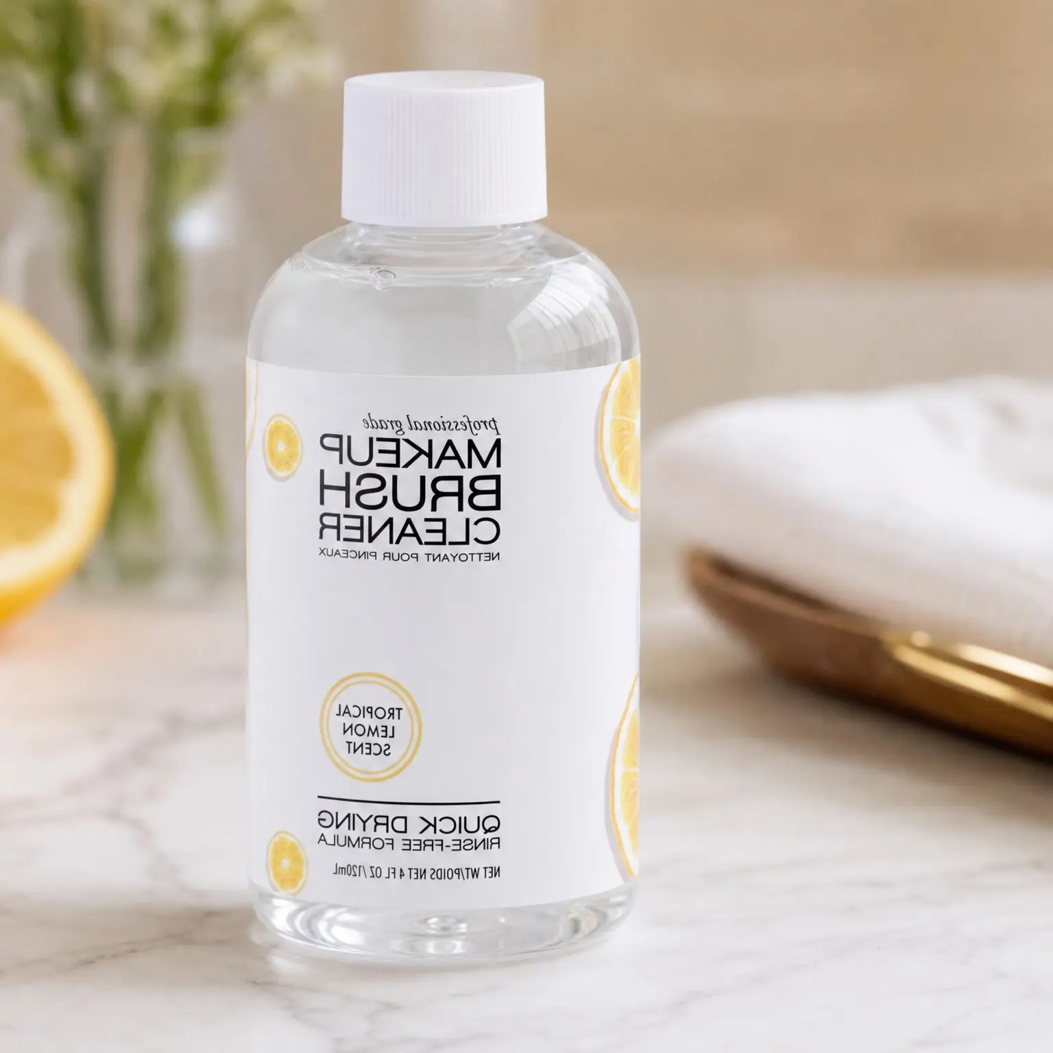 Professional Makeup Brush Cleaner Solution - Quick-Drying, Rinse-Free Formula - Removes Stubborn Waterproof Makeup - Lemon (4 fl oz)Gift