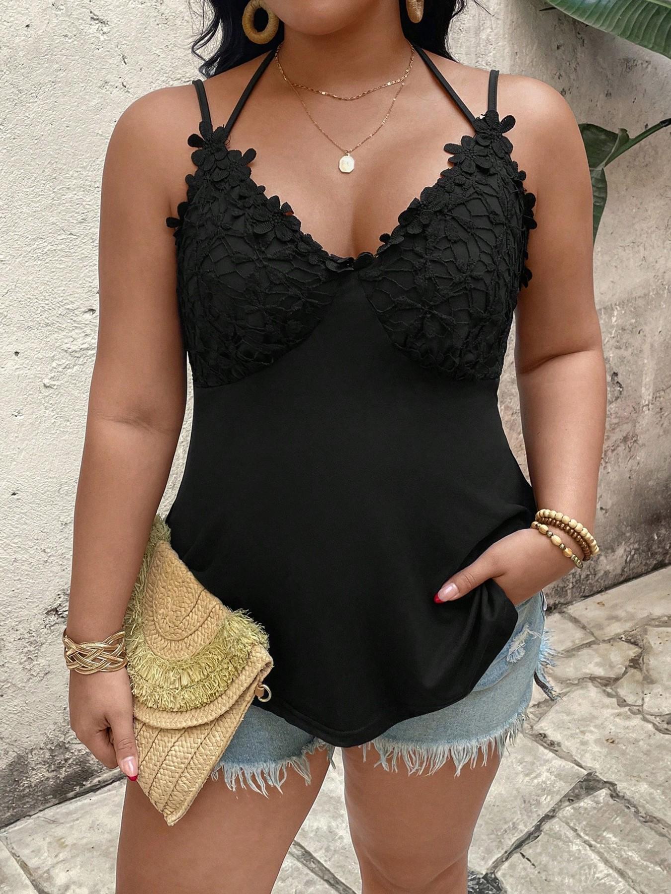 Plus Size Lace Halter Waist Crop Top, Slimming Boho Style, Perfect for Summer Outing, Music Festival, Night Out, Beach Trip, Casual Date