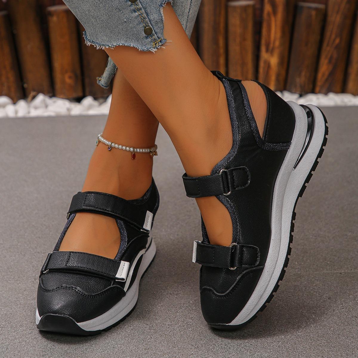 Women Hollow Out Wedge Sneaker Sandals, Breathable Hook & Loop Platform Walking Shoes, Color Block Casual Outdoor Shoes