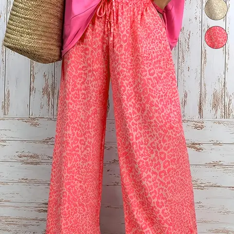 Plus Size Leopard Print Wide-Leg Pants Casual Drawstring High-Waisted Loose Trousers, Y2K Boho Clothes Summer Daily Wear Trendy Vibrant Bottoms, Comfortable Relaxed Fit Casual Ensembles, Stylish Bold Pattern Detail Party Casual Wear