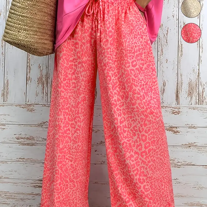 Plus Size Leopard Print Wide-Leg Pants Casual Drawstring High-Waisted Loose Trousers, Y2K Boho Clothes Summer Daily Wear Trendy Vibrant Bottoms, Comfortable Relaxed Fit Casual Ensembles, Stylish Bold Pattern Detail Party Casual Wear
