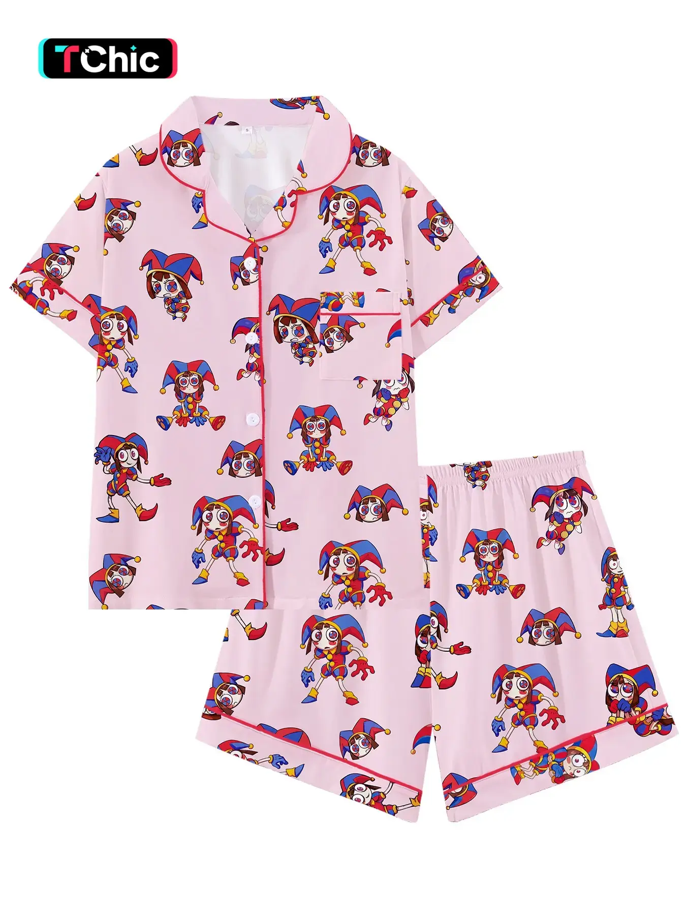 Cartoon Character Lapel Short Sleeve Shorts Pajama Set Homewear Pyjamas Pjs Loungewear, Comfortable Sleepwear for Home and Outdoors, Perfect Gift for Relaxing Nights