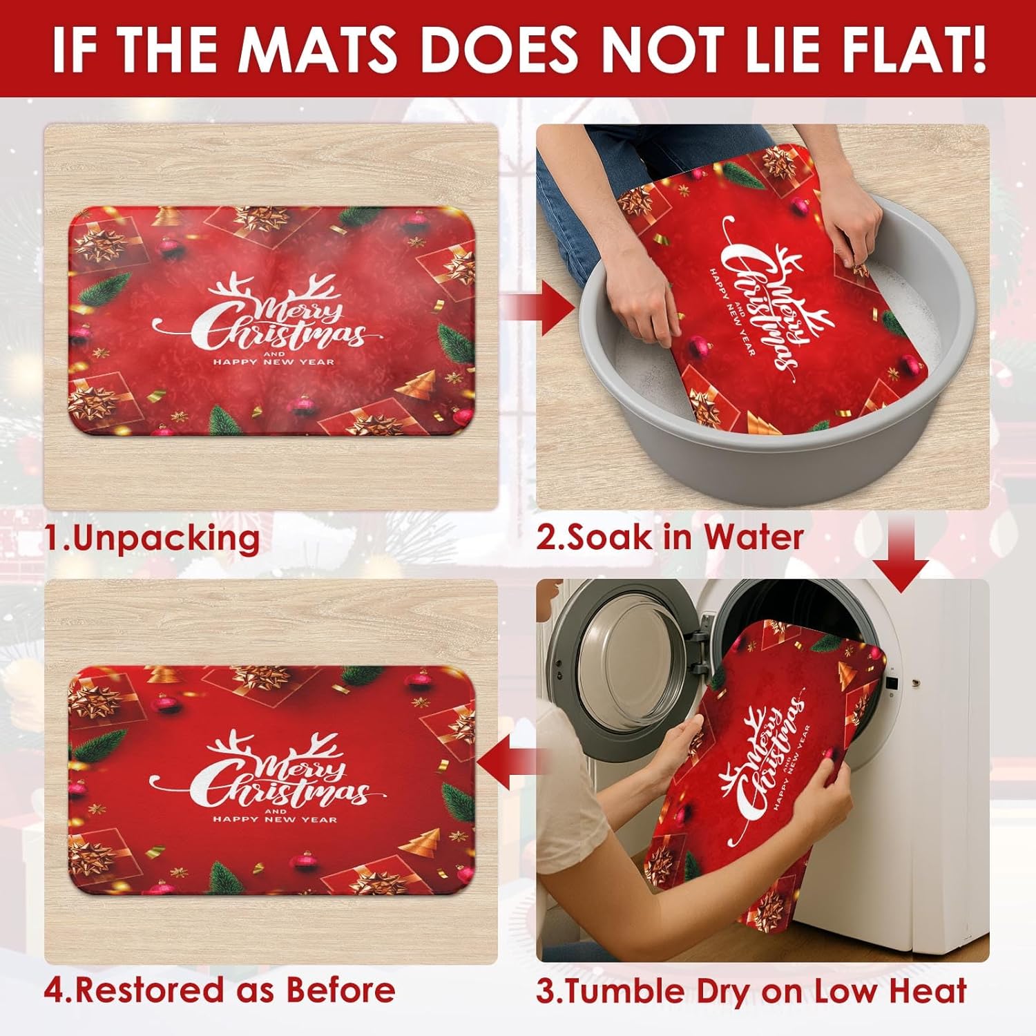 4 Pcs Shower Curtain Set Merry Christmas Happy New Year with Non-Slip Rugs Toilet Lid Cover and Bath Mat Bathroom Decor Set