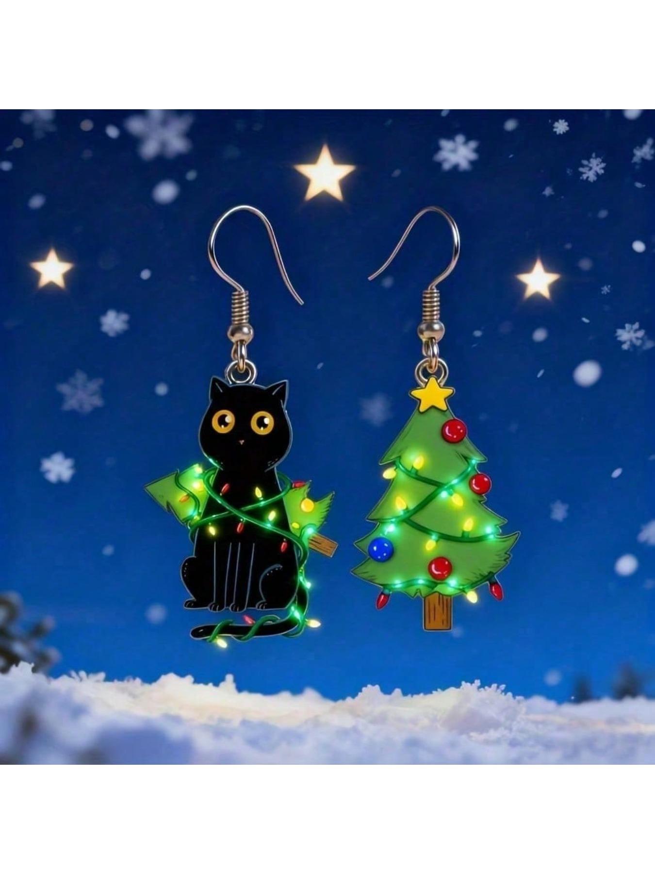 Cute Black Cat and Pine Tree Earrings - Acrylic Material, Suitable for Christmas Day and Daily Wear, Women's Party Fun Declaration Earrings (Gift for Her) - Comfortable and Durable Design