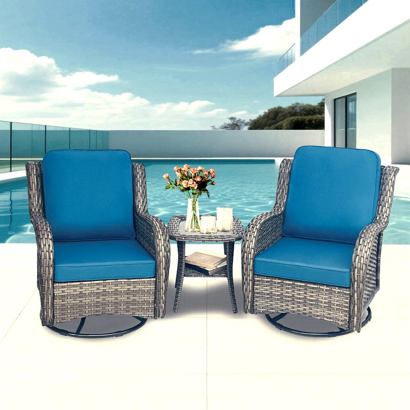 Outdoor Swivel Rocker Chairs 3 Pieces Wicker Swivel Patio Chair with Rattan Side Table, Wicker Patio Furniture Set, 3 Piece Rattan Outdoor Sectional Conversation Sets 2 Piece Wicker Hang gliding  Chairs and 1 Side Table, Blue+Grey