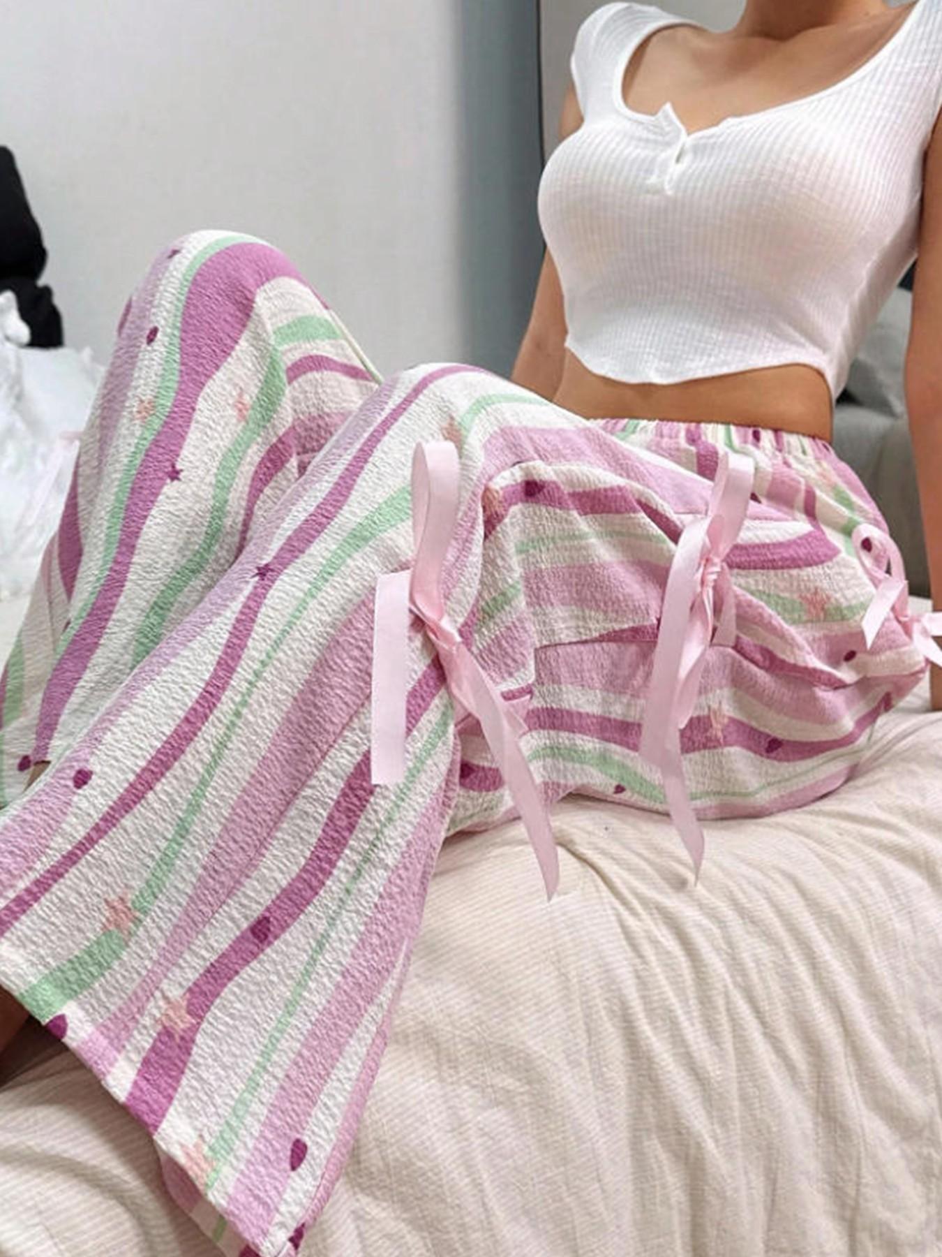 Women's Multicolor Striped Plaid Wide Leg Pants, Side Bow Tie Long Pants, Sweet Heart Star Print Casual Trousers, Bottoms