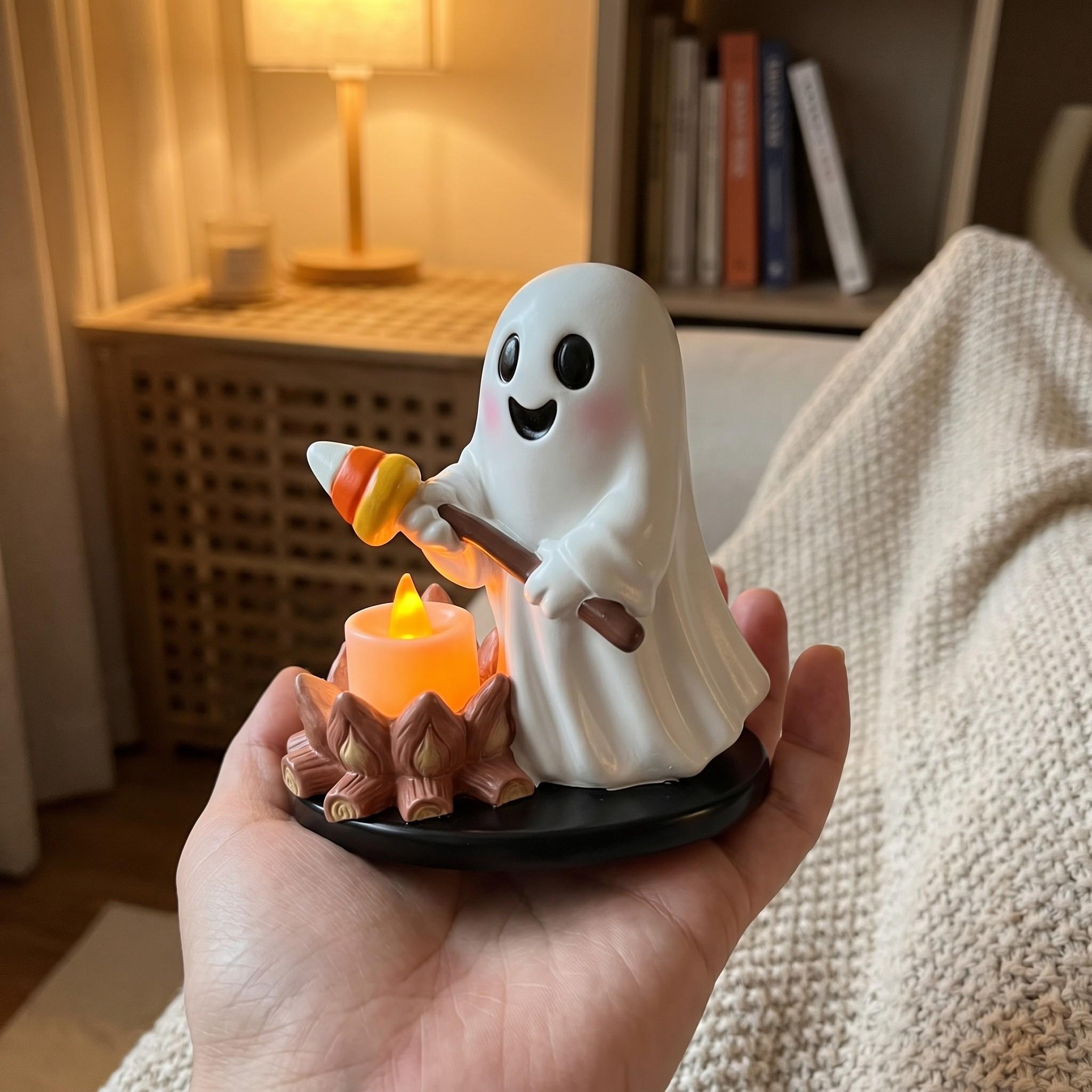 Resin Halloween Tea Light Candle Holder Set – Ghost, Mummy, Scarecrow & Campfire Figurines, Spooky Tabletop Decor for Mantel, Shelf & Centerpiece, Creepy Home Accent for Adults