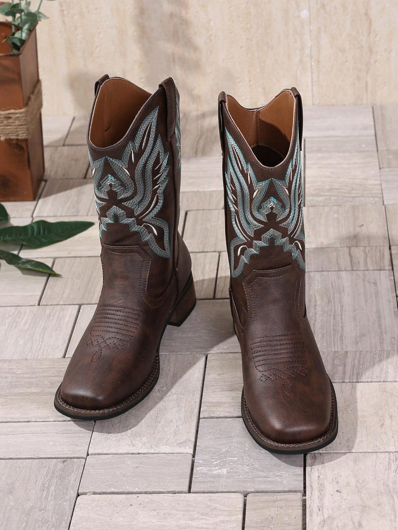 Women's Coffee Embroidered Square Toe Cowboy Boots, Mid-Calf Western Boot, Slip-On, Thick Heel, Ethnic Style, Winter Footwear