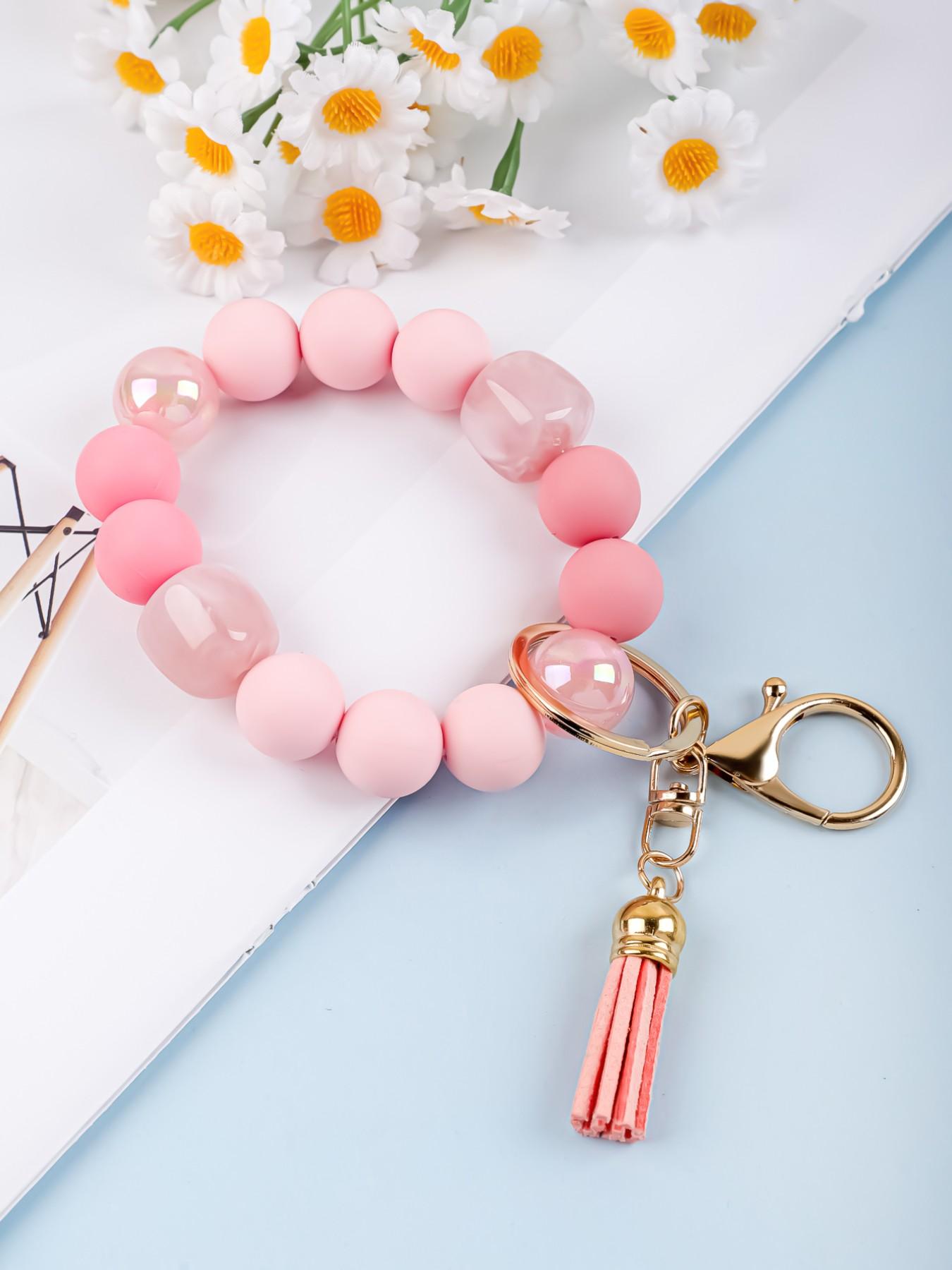 Solid Color Beaded Wristlet Keychain for Women, Matte Silicone Acrylic Beads, Tassel Charm, Minimalist Key Holder, Fashion Gift