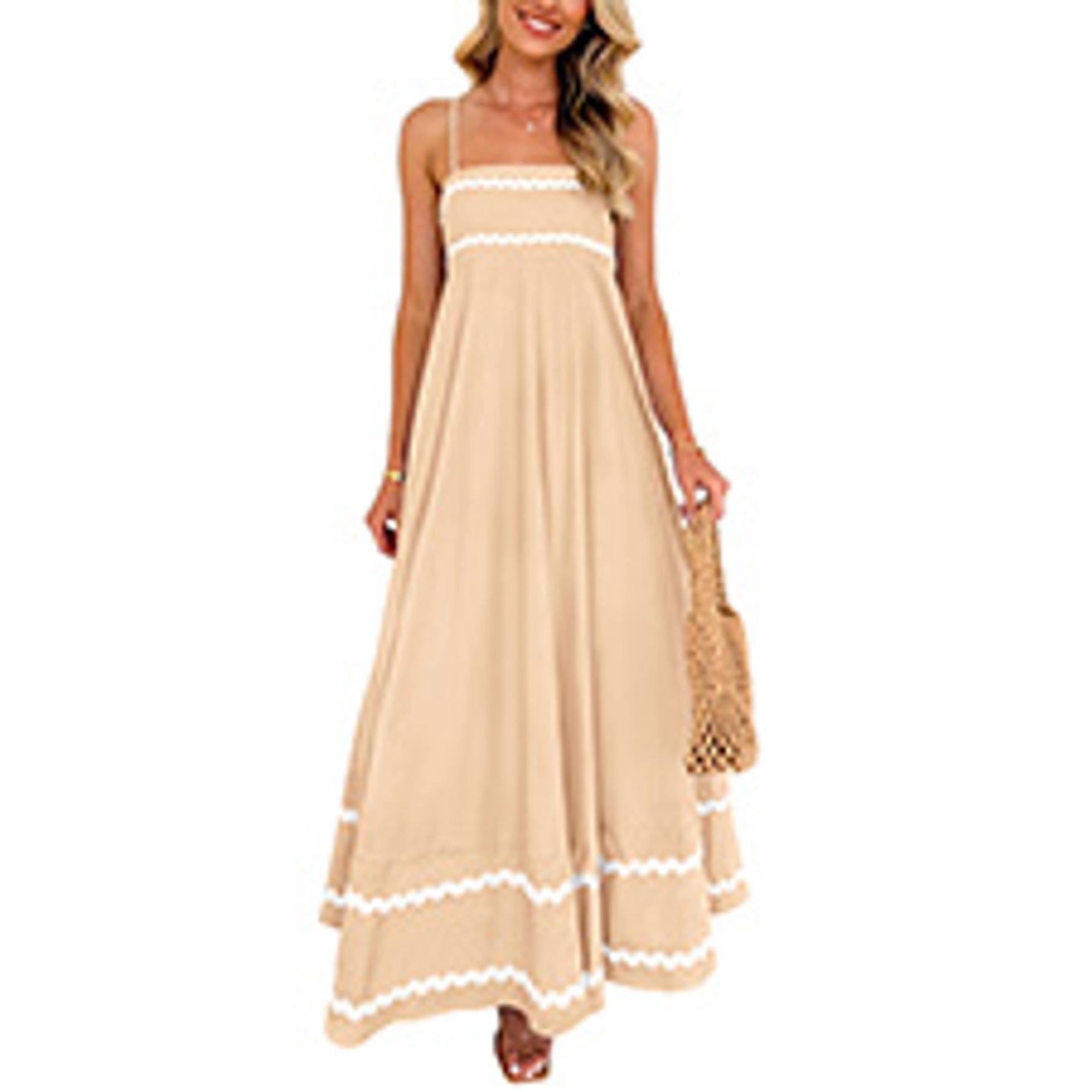 Women's 2026 Summer Spaghetti Strap Maxi Dresses Plaid Square Neck A Line Casual Beach Vacation Long Sundress Women's 2026 Summer Spaghetti Strap Maxi Dresses Plaid Square Neck A Line Casual Beach Vacation Long Sundress