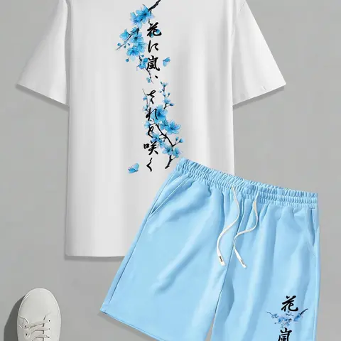 Men's Letter & Floral Print 2-Piece Set, Round Neck T-Shirt & Drawstring Waist Shorts, Summer Wear Casual Graphic Outfit for Outdoor Activities, Fitted Set Outfit, Menswear