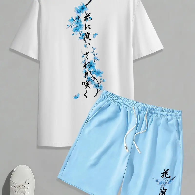 Men's Letter & Floral Print 2-Piece Set, Round Neck T-Shirt & Drawstring Waist Shorts, Summer Wear Casual Graphic Outfit for Outdoor Activities, Fitted Set Outfit, Menswear