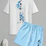 Men's Letter & Floral Print 2-Piece Set, Round Neck T-Shirt & Drawstring Waist Shorts, Summer Wear Casual Graphic Outfit for Outdoor Activities, Fitted Set Outfit, Menswear
