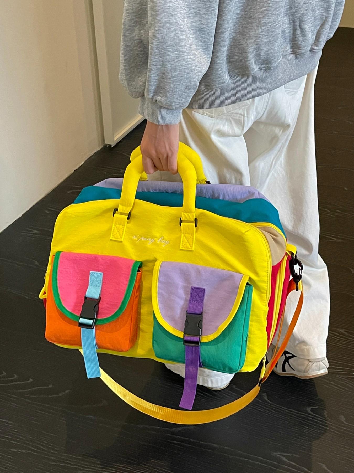 Vibrant Colorblock Duffel Bag, Lightweight Nylon, Large Capacity, Shoe Compartment, Detachable Strap, Ideal for Travel & Gym