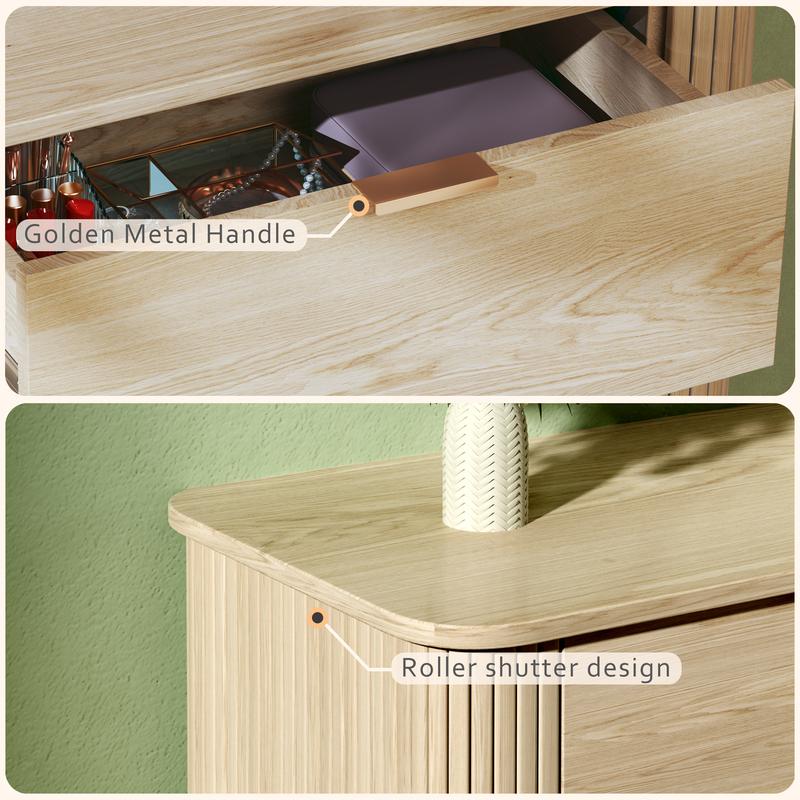 Fluted 6 Drawers Dresser for Bedroom, Mid Century Modern Closet Dresser & Chests of Drawers, Curved Profile Design, Dresser TV Stand, Wood Storage Dresser for Living Room, Entryway, Hallway, Oak