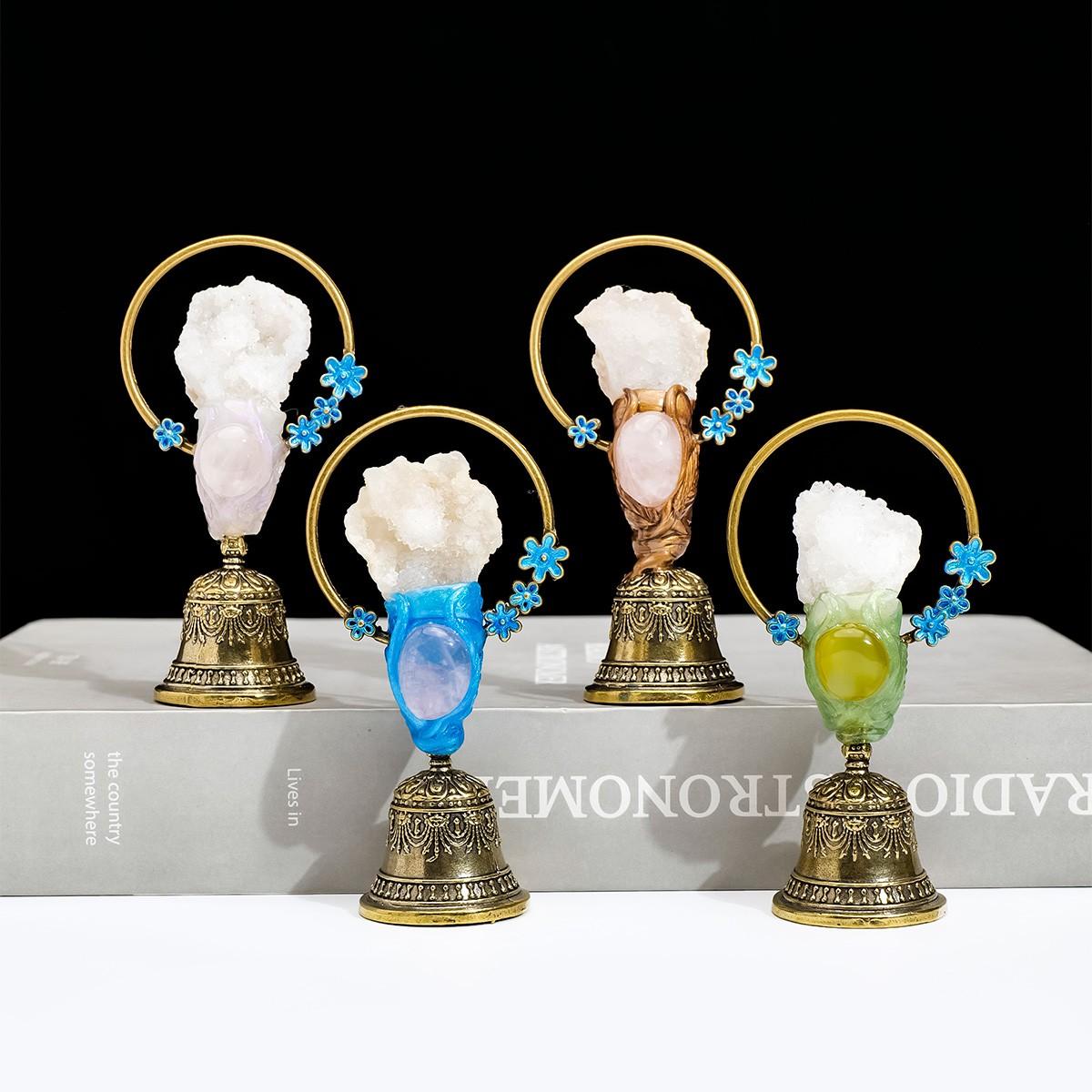 Natural Crystal Ball Brass Hand Bell, Copper Feng Shui Healing Bell, Home Decoration, Christmas Bell Gifts & Souvenir, 1pc