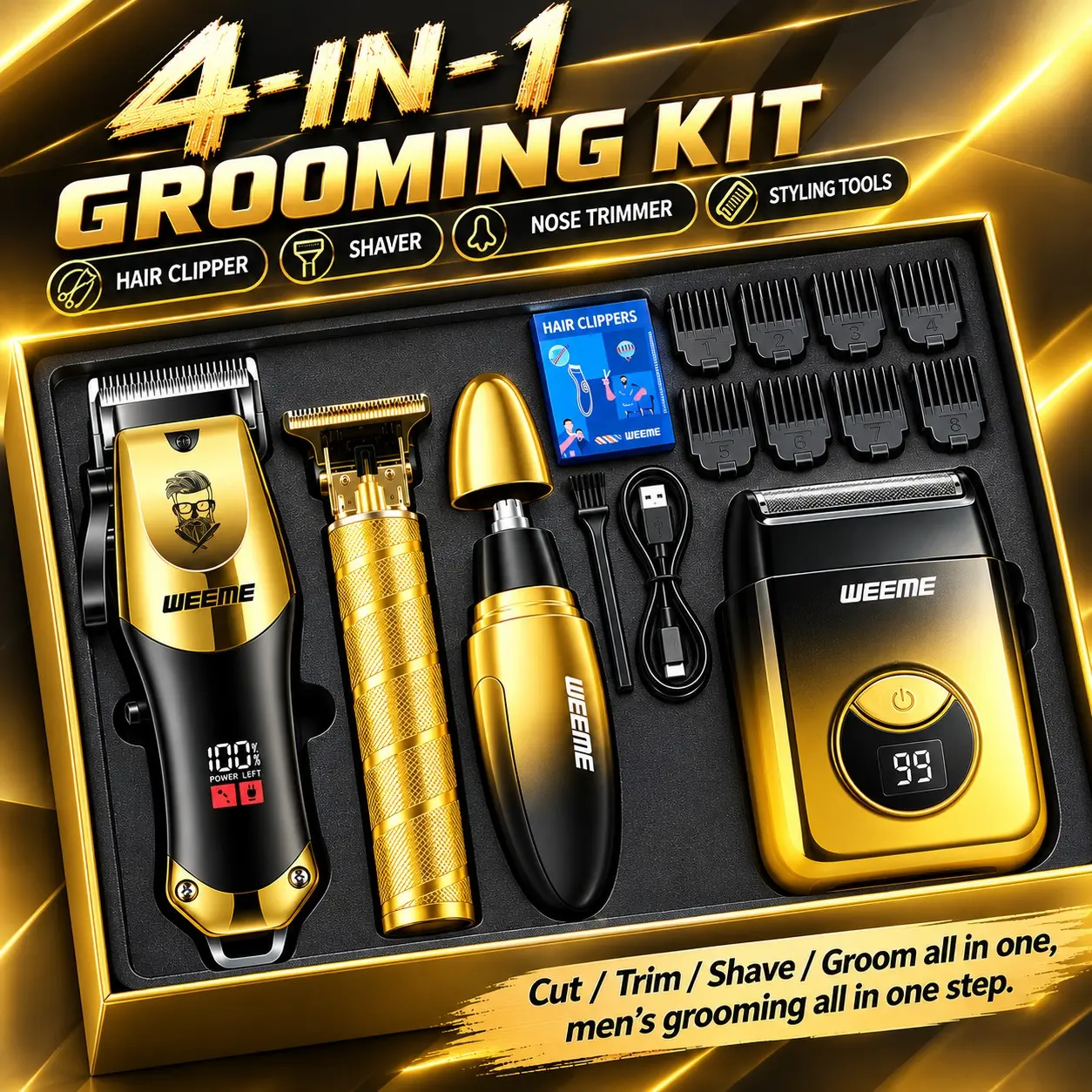 Professional High-Quality 4-In-1 Men's Hair Clipper Set, Haircut Trimmers, Electric Trimmer, Shaver, Nose Hair Trimmer, Multi-Function Charging Personal Care Kit