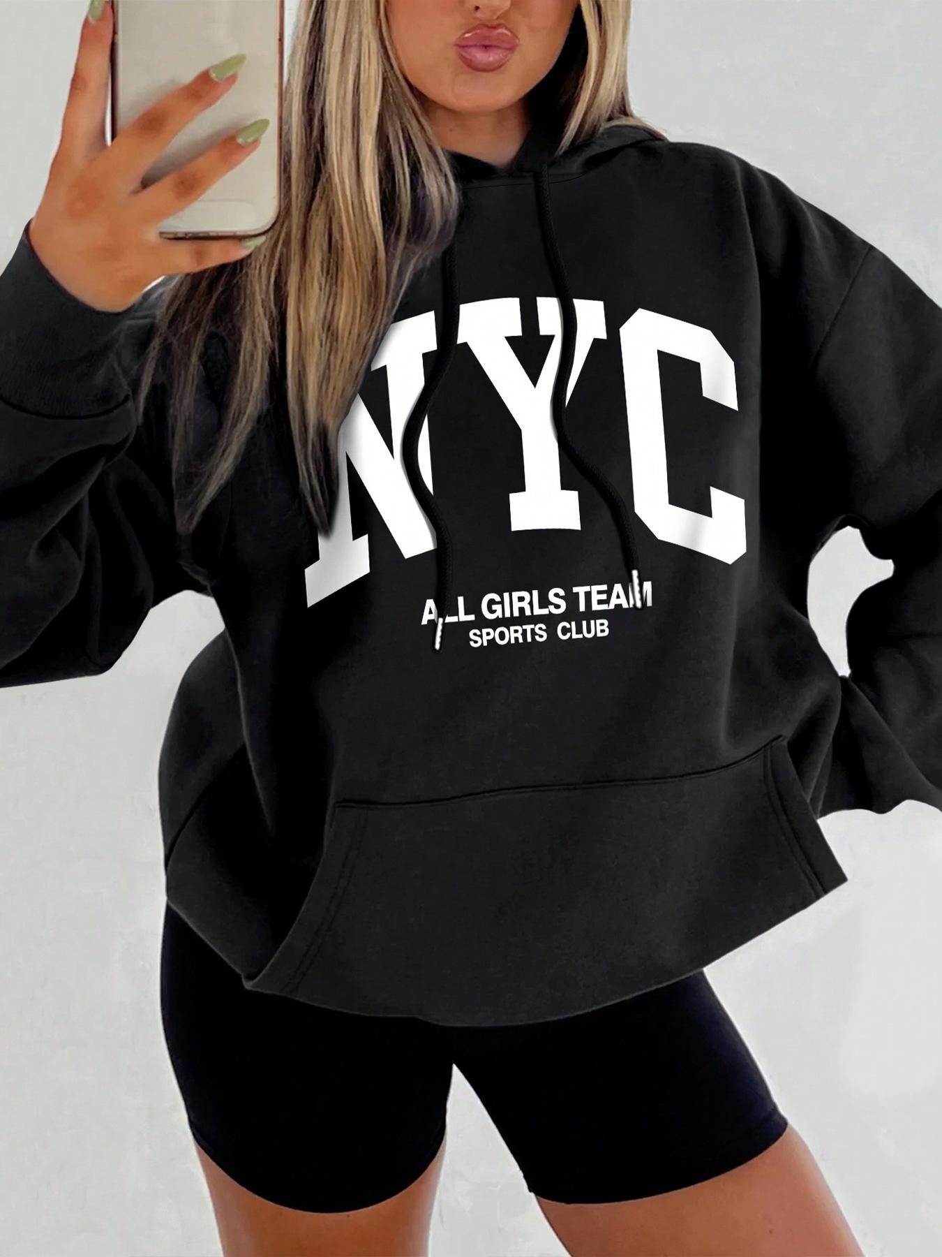 Women's Letter Print Drop Shoulder Hoodie, Fashion Casual Drawstring Pocket Hooded Sweatshirt for Daily Holiday Outdoor Wear, Women Clothing for Fall & Winter