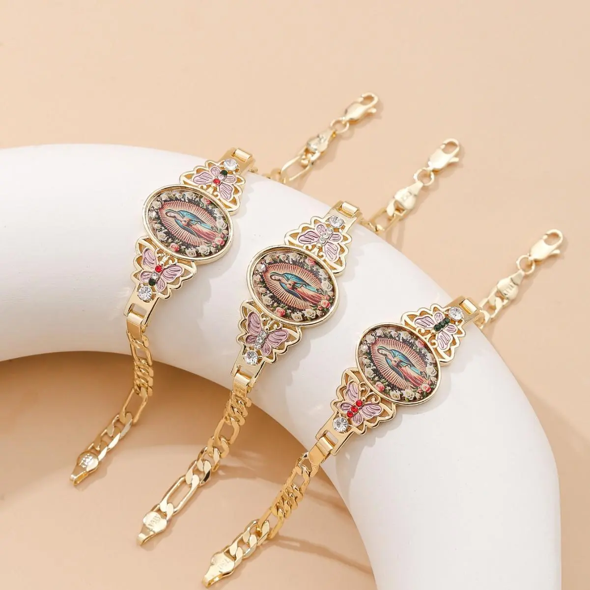Gold Tone Bracelets for Women, Religious Set with Virgin Mary Medal & Butterfly Motif, Figaro Chain with CZ Embellishments, Catholic Baptism Gift for Girls, Medal Shape