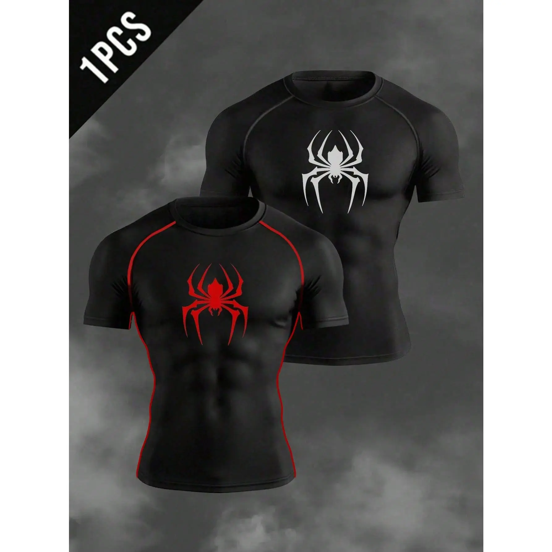 Men's Spider Print Compression Shirt,Black And Red Summer Athleisure Gym T-Shirt,4-Way Stretch Sweat-Wicking Raglan Sleeve Slim Fit Workout Training